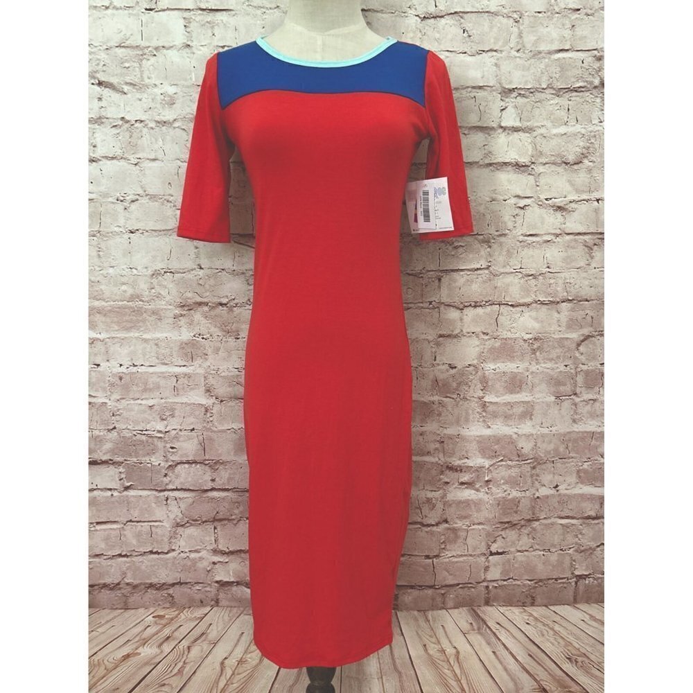 LuLaRoe JULIA Block Dress Midi Length Red Blue Color Block Stretch Size XXS